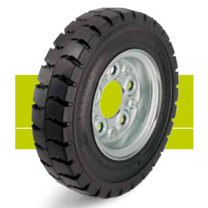 Bell-wheels with super-elastic solid rubber tires on steel rims