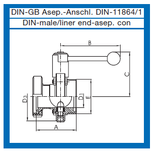 Scheibenventile AWH mit DIN 11864/1 Aseptic Innengewinde und Aseptic Außengewinde DIN 11864/1  pneumatisch