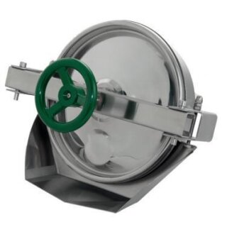 Mannloch 801 RUND 380mm nach außen öffnend  mit Kunststoffhandrad und Tropfblech  1.4404