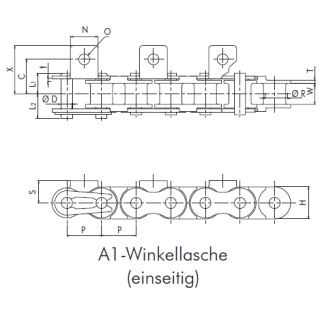 Polystahlkette RF06 B-1 PC, mit einseitiger Winkellasche aus Edelstahl an jedem Außenglied