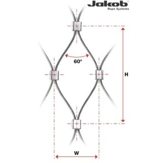 Seilnetz aus Edelstahl 1.4401 Konstruktion 6x7  Maschenweite 25mm liegend Seildurchmesser 1,5mm