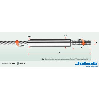 Außengewinde DREHBAR verpresst, Seilstärke 3mm, Gewinde M6, Gewindelänge 30mm