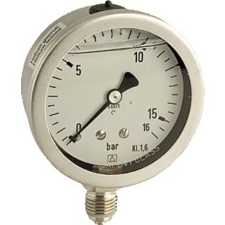 Vakuum Edelstahlrohrfeder- Chemiemanometer NG100 Druck -1 bar bis 5 bar, Anschluss 1/2" unten  mit GLYZERINFÜLLUNG