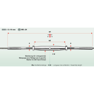 Spannschloss mit Außengewinde M5 verpresst Seil 2mm  b1=152mm, b2=80mm  V4A