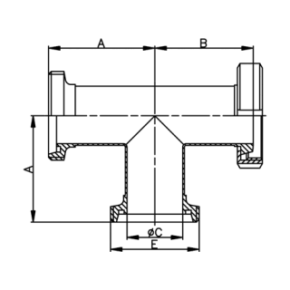 T- Stück DN32 AG / Kgm / AG mit Tauchhülse und Thermometer 0-120° C  1.4301