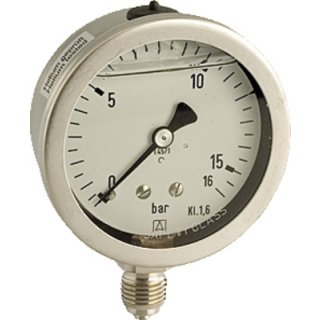 Vakuum Edelstahlrohrfeder- Chemiemanometer NG100 Druck -1 bar bis 0,6 bar, Anschluss 1/2" unten  mit GLYZERINFÜLLUNG
